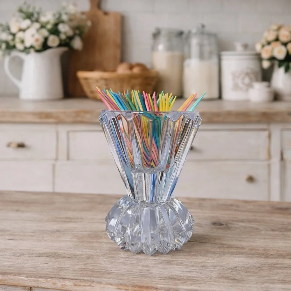 Vtg Glass Candle Holder Reversible Bud Vase Toothpick Holder Clear Ribbed 4